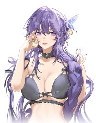  female genshin_impact hair_ornament hands_up highres holding long_hair nail_polish nevercrymoon pink_lips purple_eyes purple_hair purple_nails raiden_shogun solo very_long_hair yae_miko 