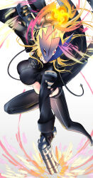  beelstarmon black_coat black_gloves black_pants black_shirt blonde_hair breasts coat cropped_shirt digimon digimon_(creature) dual_wielding female firing gloves gun highres holding holding_gun holding_weapon jiyuuya large_breasts long_hair multiple_barrel_gun open_clothes open_coat pants parted_lips purple_eyes shirt simple_background solo teeth third_eye twitter_username underboob weapon white_background 