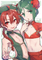  2boys alexander_(fate) bikini bob_cut border braid bun_cover center_opening china_dress chinese_clothes collarbone crossdressing double_bun dress fate/grand_order fate_(series) finger_to_mouth green_eyes green_hair hair_between_eyes hair_bun hair_over_shoulder highres kawasemi_(pocorit) looking_at_viewer male_focus mandarin_collar messy_hair multiple_boys navel otoko_no_ko outside_border red_eyes red_hair short_hair_with_long_locks single_braid swimsuit tassel tongue tongue_out twitter_username v waver_velvet white_border 