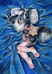  2024 anthro black_body black_fur blue_eyes border_collie canid canine canis clothing collie domestic_dog female fur heather_bruton herding_dog lingerie looking_at_viewer mammal open_mouth pastoral_dog pillow plushie sheepdog solo thigh_stockings tongue tongue_out traditional_media_(artwork) white_body white_fur 