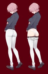  arimura_mao ass belt black_belt black_footwear black_shirt blue_eyes blush breasts clothes_pull commentary_request dark_background eyes_visible_through_hair female from_behind full_body gakuen_idolmaster grey_socks hand_on_own_arm highres idolmaster large_breasts long_sleeves multiple_views panties pants pants_pull pantylines pink_hair shirt short_hair simple_background socks standing tight_clothes tight_pants underwear white_panties white_pants yd_(orange_maru) 