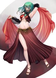  armpits commission dancing female front_ponytail full_body green_eyes green_hair green_nails highres kageharu kagiyama_hina long_skirt looking_at_viewer midriff navel revealing_clothes skeb_commission skirt solo touhou 