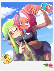  2girls agent_3_(splatoon) agent_8_(splatoon) arm_up averting_eyes behind-the-head_headphones belt belt_buckle black_belt black_jacket black_shirt black_skirt blue_sky breasts buckle chibi chibi_inset chinese_commentary colored_tongue commentary_request crop_top dark-skinned_female dark_skin fifi_(fifiwinofi) fingernails green_hair green_tongue green_vest grey_eyes grin headphones high-visibility_vest highres holding holding_phone inkling inkling_girl inkling_player_character jacket light_blush long_hair long_sleeves looking_to_the_side midriff miniskirt multiple_girls navel octoling octoling_girl octoling_player_character open_mouth orange_eyes parted_bangs pencil_skirt phone red_hair selfie sharp_fingernails shirt skirt sky smile splatoon_(series) splatoon_2 suction_cups taking_picture tentacle_hair thigh_belt thigh_strap twintails v vest wristband yellow_wristband 