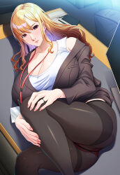  black_jacket black_pantyhose blonde_hair breasts business_suit cleavage clothes_lift collarbone desk ear_piercing female highres huge_breasts jacket jewelry judge_(oekaki) lanyard lips long_hair long_sleeves looking_at_viewer lying mature_female monitor on_desk original panties panties_under_pantyhose pantyhose phone piercing red_eyes red_panties ring shirt sidelocks skirt skirt_lift solo suit underwear wedding_ring white_shirt 