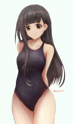  absurdres arms_behind_back black_hair blue_background brown_eyes closed_mouth collarbone competition_swimsuit cowboy_shot female highres long_hair looking_at_viewer make_heroine_ga_oo_sugiru! nekojita_kavu nukumizu_kaju one-piece_swimsuit purple_one-piece_swimsuit simple_background solo swimsuit twitter_username 