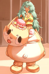  aqua_eyes aqua_hair brazilian_flag brazilian_miku breasts chiitan cleavage collarbone commentary crop_top dark-skinned_female dark_skin day english_commentary female full_body hair_between_eyes haraya_manawari hatsune_miku highres holding_mascot_head large_breasts long_hair mascot mascot_costume mascot_head navel open_mouth otter outdoors shirt sidelighting solo sweat tan tanlines toned_female twintails vocaloid x_navel yellow_shirt 