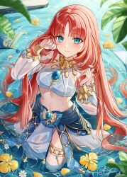  alternate_hairstyle aqua_eyes blue_gemstone closed_mouth detached_sleeves female gem genshin_impact gold_thighlet hands_up harem_outfit highres long_hair long_sleeves looking_at_viewer navel nilou_(genshin_impact) nyamaso outdoors red_hair smile solo stomach very_long_hair vision_(genshin_impact) water 