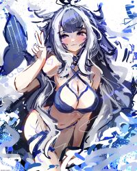  :3 absurdres animal_ears blue_hair body_markings breasts cetacean_tail cleavage facial_mark female fins fish_tail halterneck highres indie_virtual_youtuber large_breasts looking_at_viewer multicolored_hair orca_girl purple_eyes shylily shylily_(bikini) smile solo streaked_hair tail umbra_heartt v virtual_youtuber white_hair 