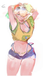  armpits arms_up bikini bikini_under_clothes blonde_hair blue_bikini blush brazilian_flag_print brazilian_miku brazilian_miku_(cosplay) breasts cleavage closed_mouth commentary_request contrapposto cosplay cowboy_shot crop_top denim denim_shorts derorin expressionless eyewear_on_head female flower glasses green_eyes hair_between_eyes hair_flower hair_ornament hair_over_one_eye hatsune_miku highleg highleg_bikini long_bangs looking_at_viewer medium_breasts mizuhashi_parsee mole mole_on_breast navel open_fly orange_flower pointy_ears print_shirt shirt short_shorts short_sleeves shorts simple_background solo sunglasses swimsuit tan tanlines touhou vocaloid white-framed_eyewear white_background yellow_shirt 