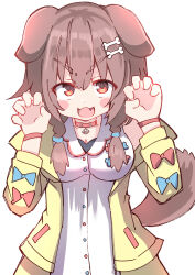  :3 :d absurdres animal_ears blue_bow blush_stickers bone_hair_ornament bow braid breasts brown_hair cartoon_bone claw_pose cleavage collar commentary_request dog_ears dog_girl dog_tail dress female hair_between_eyes hair_ornament hair_over_shoulder hands_up highres hololive inugami_korone inugami_korone_(1st_costume) jacket long_sleeves looking_at_viewer low_twintails medium_breasts off_shoulder open_clothes open_jacket puffy_long_sleeves puffy_sleeves red_bow red_collar red_eyes simple_background sleeveless sleeveless_dress smile solo tail twin_braids twintails umberblack upper_body v-shaped_eyebrows virtual_youtuber white_background white_dress yellow_jacket 