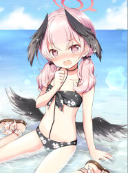  bare_arms bare_shoulders bikini black_bikini black_wings blue_archive blue_sky blush brown_footwear cloud collarbone commentary_request day feathered_wings female floral_print hair_between_eyes halo hand_up head_wings highres horizon koharu_(blue_archive) koharu_(swimsuit)_(blue_archive) looking_at_viewer low_twintails low_wings nanase_miori navel nose_blush ocean open_mouth outdoors pink_hair print_bikini purple_eyes sandals shallow_water sitting sky solo swimsuit tears twintails wariza water wavy_mouth wings 