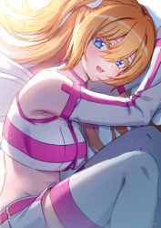  2.5_jigen_no_ririsa amano_ririsa belt blonde_hair blue_eyes blush breasts cosplay cropped_shirt fake_wings fanged_bangs female garter_straps hair_between_eyes highres large_breasts liliel_(2.5_jigen_no_ririsa) long_hair looking_at_viewer multicolored_clothes multicolored_skirt navel nogi_lief open_mouth pink_belt pink_thighhighs shirt skirt smile solo thighhighs two-tone_skirt white_garter_straps white_skirt wing_hair_ornament wings 