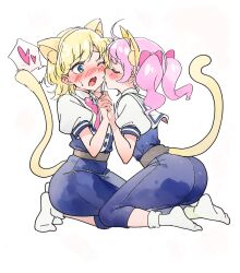  2girls absurdres ahoge ai-assisted animal_ear_fluff animal_ears aozora_himari ass blonde_hair blue_eyes blue_pants blush bow bowtie cat_ears cat_girl cat_tail closed_eyes commentary_request fake_animal_ears from_side full_body hairbow hands_up heart highres himitsu_no_aipri holding_hands hoshikawa_mitsuki interlocked_fingers kemonomimi_mode licking licking_another&#039;s_face long_hair looking_at_another multiple_girls one_eye_closed or2_(sahr7857) pants pink_bow pink_hair pretty_series red_bow red_bowtie seiza shirt short_sleeves simple_background sitting socks speech_bubble spoken_heart sweatdrop tail tail_wagging twintails white_background white_shirt white_socks yuri 