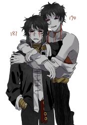  2boys bandaged_arm bandaged_neck bandages black_eyes black_hair black_jacket black_pants chinese_commentary clenched_teeth colored_skin commentary_request eyeshadow facial_tattoo hand_in_pocket height height_difference highres hug jacket jacket_partially_removed long_sleeves makeup male_focus mole mole_under_each_eye mole_under_eye multiple_boys multiple_moles open_clothes open_jacket pants pink_eyeshadow short_hair shou_qianhui simple_background smile tattoo teeth touqi_guaitan white_background white_jacket white_skin yoshiki43445590 ziche_fuzhao 