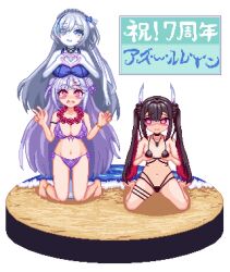  3girls @_@ azur_lane bikini black_bikini black_hair blue_eyes blue_hair blue_one-piece_swimsuit breast_envy breast_rest breasts breasts_on_head colored_inner_hair cygnet_(azur_lane) cygnet_(sea_star_on_shore)_(azur_lane) double_v hatsuzuki_(august&#039;s_first_romance)_(azur_lane) hatsuzuki_(azur_lane) heart heart_hands horns large_breasts long_hair looking_at_viewer millecrepes5 multicolored_hair multiple_girls navel official_alternate_costume one-piece_swimsuit pink_eyes pixel_art purple_bikini purple_hair red_hair sand siren_(azur_lane) small_breasts stomach swimsuit tb_(azur_lane) tb_(type-s)_(azur_lane) thigh_strap twintails v water white_hair 