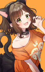  animal_collar animal_ear_hairband animal_ears black_skirt blush breasts brown_hair cat_ear_hairband cat_ears cat_tail claw_pose collar collarbone fake_animal_ears fake_tail female hairband highres idolmaster idolmaster_cinderella_girls large_breasts looking_at_viewer maekawa_miku oerba_yun_fang orange_background short_hair simple_background single_bare_shoulder skirt smile solo tail tori_ririisu 