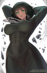  abs arms_behind_head breasts dress female fubuki_(one-punch_man) green_dress green_eyes highres jewelry large_breasts looking_down necklace one-punch_man patreon_username pearl_necklace short_hair solo tight_clothes tight_dress toned wersman 