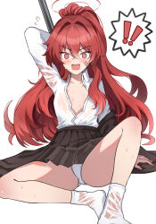  @_@ absurdres ashiharatsumori_koito bandaid bandaid_on_face blush breasts brown_skirt female halo highres katana knee_up long_hair looking_at_viewer namakisama open_mouth panties partially_unbuttoned project_kv red_eyes red_hair red_halo shirt simple_background skirt small_breasts solo surprised sweatdrop sword underwear weapon white_background white_panties white_shirt 