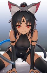  absurdres animal_ear_fluff animal_ears black_hair cat_ears cat_girl closed_mouth dark-skinned_female dark_skin facial_mark female forehead_mark gradient_background highres light_blush long_hair looking_at_viewer multiple_tails nekomiya_mana oerba_yun_fang parted_bangs red_eyes shadow sidelocks simple_background smile solo tail thomas_8000 two_tails zenless_zone_zero 