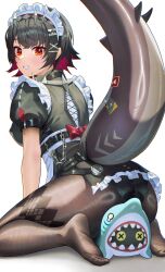  absurdres ass black_hair black_pantyhose blush clenched_teeth colored_inner_hair ellen_joe feet female fins fish_tail full_body hair_ornament hairclip highres kobayashi_(jna_x_rgh) looking_at_viewer looking_back maid maid_headdress mole mole_under_eye multicolored_hair no_shoes pantyhose red_eyes red_hair shark_girl shark_tail sharkboo_(zenless_zone_zero) sharp_teeth short_hair simple_background soles solo tail teeth two-tone_hair white_background zenless_zone_zero 