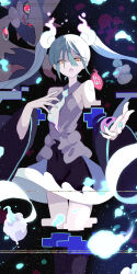  :o absurdres bare_shoulders black_skirt blue_hair blue_nails commentary cropped_legs detached_sleeves female ghost_miku_(project_voltage) glitch grey_shirt hair_between_eyes hatsune_miku highres long_bangs long_hair looking_at_viewer mismagius navel necktie open_mouth outstretched_arm pokemon pokemon_(creature) project_voltage putchi_(kinokonokami) see-through see-through_skirt shirt skirt sleeveless sleeveless_shirt twintails vocaloid yellow_eyes 