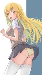  ass bee_print blonde_hair blush breasts brown_sweater_vest collared_shirt elbow_gloves female gloves grey_skirt highres k3rd large_breasts long_hair looking_at_viewer miniskirt open_mouth panties pantyshot pleated_skirt print_panties school_emblem school_uniform shirt shokuhou_misaki short_sleeves simple_background skirt solo sparkling_eyes spider_web_print summer_uniform surprised sweater_vest thighhighs toaru_kagaku_no_mental_out toaru_kagaku_no_railgun toaru_majutsu_no_index tokiwadai_school_uniform two-tone_background underwear white_background white_gloves white_shirt white_thighhighs yellow_eyes yellow_panties 