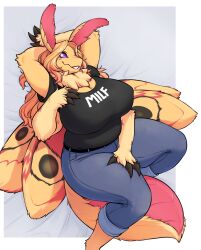  2024 4_arms antennae_(anatomy) anthro arthropod big_breasts biped black_body black_clothing black_fur black_shirt black_t-shirt black_topwear bottomwear breasts cleavage clothed clothing colored curvy_figure denim denim_bottomwear denim_clothing digital_media_(artwork) female female_anthro fur hi_res insect_wings insects iriedono jeans lepidopteran lepidopteran_wings lying moth multi_arm multi_limb multicolored_body multicolored_fur neck_tuft on_back orange_body orange_fur pants red_body red_fur shirt solo t-shirt topwear tuft wings 