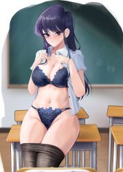  absurdres blush breasts chalkboard classroom desk female highres indoors komi-san_wa_komyushou_desu komi_shouko lingerie long_hair looking_at_viewer non-web_source on_desk school_desk school_uniform shirt skirt solo underwear undressing 