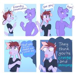  4_panel_comic anthro antlers blonde_highlights blue_background bodily_fluids brown_body brown_fur brown_hair canid canine canis clothing deer dialogue domestic_dog duo english_text fur hair half-closed_eyes heresvix hi_res highlights_(coloring) horn humor inner_monologue male mammal narrowed_eyes open_mouth open_smile purple_body purple_fur shirt simple_background smile speech_bubble sweat sweatdrop t-shirt text thought_bubble topwear white_body white_fur wide_eyed 