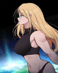  bare_shoulders black_panties black_shirt blonde_hair blue_eyes breasts cropped_shirt earth_(planet) female highres large_breasts long_hair metroid muscular muscular_female navel panties planet profile samus_aran shirt solo space sunlight super_metroid tears underwear upper_body wakaba_(wata_ridley) 