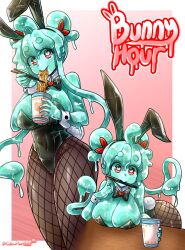  absurd_res accessory bare_shoulders benni_(morbidlycutecrunch) bent_over big_breasts black_clothing black_leotard blue_body blue_eyes blue_hair border breasts chopsticks cleavage clothed clothing curvy_figure eating english_text fake_ears fake_rabbit_ears fake_rabbit_tail fake_tail female fishnet_clothing fishnet_legwear food glistening glistening_body goo_creature goo_humanoid gradient_background hair hair_accessory hair_ribbon heart_eyes heart_symbol hi_res humanoid legwear leotard looking_at_viewer morbidlycutecrunch navel noodles not_furry pantyhose pink_background playboy_bunny red_eyes ribbons simple_background solo standing text white_border wide_hips 