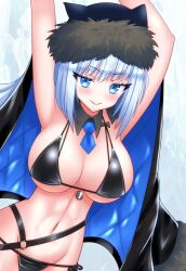  animal_ears armpits arms_up bikini black_bikini black_hat black_jacket blue_eyes blush breasts cat_ears cat_girl cleavage degudoga detached_collar dobrynya_nikitich_(fate) dobrynya_nikitich_(swimsuit_lancer)_(fate) dobrynya_nikitich_(swimsuit_lancer)_(first_ascension)_(fate) fate/grand_order fate_(series) female fur-trimmed_headwear fur_trim hat jacket jacket_on_shoulders large_breasts long_hair looking_at_viewer navel necktie smile solo swimsuit white_hair 