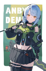  absurdres ahoge anby_demara black_skirt blunt_bangs character_name detached_sleeves dutch_angle green_jacket grey_hair highleg highleg_panties highres jacket looking_at_viewer medium_hair midriff navel orange_eyes panties razor_blade skirt sword underwear uuc_(yuyudanngo) weapon zenless_zone_zero zettai_ryouiki 