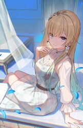  aizawa_ema arm_support belt black_belt blonde_hair blue_eyes blush breasts dress earrings female floral_print flower_earrings gradient_hair green_hair indoors jewelry large_breasts long_hair long_sleeves looking_at_viewer multicolored_hair sitting smile solo virtual_youtuber vspo! white_dress xyunx 