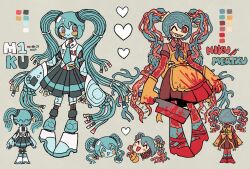  2girls alleesaur apron blood blood_on_clothes blood_on_face blood_on_weapon blue_hair cable cleaver english_commentary full_body gloves grey_background hatsune_miku highres holding_cleaver humanoid_robot long_hair looking_at_viewer mask monster_girl multiple_girls one_eye_closed red_eyes reference_sheet robot rubber_gloves sharp_teeth simple_background skirt teeth twintails very_long_hair vocaloid weapon 