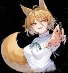  animal_ears blonde_hair breasts fangs female fingernails fox_ears fox_girl fox_tail green_ribbons hair_between_eyes holding holding_test_tube kudamaki_tsukasa looking_at_viewer open_mouth ribbon romper short_hair short_sleeves signature simple_background slit_pupils solo suminagashi tail test_tube touhou white_romper yellow_eyes 