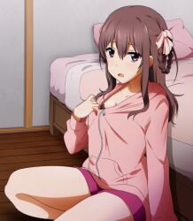  22/7 bedroom black_bra bow bra braid braided_hair_rings brown_eyes brown_hair collarbone cover embarrassed female hair_between_eyes hairbow highres hood hoodie hoodie_pull igashiko indoors long_hair long_sleeves looking_at_viewer looking_to_the_side open_mouth pink_bow pink_hoodie pink_pillow purple_shorts shorts sitting solo tachikawa_ayaka twin_braids two_side_up underwear wooden_floor yokozuwari 