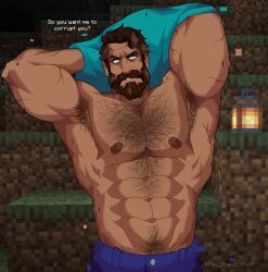  1boy abs aqua_shirt armpit_hair armpits bara beard blank_eyes blue_pants brown_hair chest_hair english_text facial_hair game_screenshot_background herobrine highres large_pectorals looking_at_viewer male_focus mature_male minecraft muscular muscular_male navel navel_hair nipples pants parted_lips pectorals revealyoursins scar scar_across_eye scar_on_arm screenshot_background shirt short_hair solo teeth undressing upper_body 