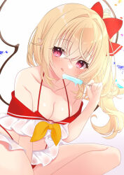  between_legs bikini bikini_skirt blonde_hair bow breasts crystal flandre_scarlet food frilled_bikini frills hand_between_legs long_hair looking_at_viewer medium_breasts popsicle red_bikini red_eyes side_ponytail smile swimsuit tongue tongue_out tosakaoil touhou wings yellow_bow 