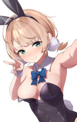  absurdres animal_ears bare_shoulders black_leotard blonde_hair blue_bow blue_bowtie blush bow bowtie breasts cleavage closed_mouth detached_collar eru_(l_illust45) fake_animal_ears fake_tail female hair_ornament highres indie_virtual_youtuber large_breasts leotard looking_at_viewer low_twintails oerba_yun_fang outstretched_arm pom_pom_(clothes) pom_pom_hair_ornament rabbit_ears rabbit_tail shigure_ui_(vtuber) short_hair short_twintails simple_background skin_fang smile solo strapless strapless_leotard tail twintails v v-shaped_eyebrows virtual_youtuber white_background white_wrist_cuffs wrist_cuffs 