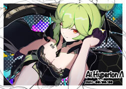  absurdres adjusting_hair ai-chan_(honkai_impact) alternate_costume armor barcode border breasts cabbage character_name cleavage dutch_angle english_text female from_above gloves green_hair hair_between_eyes hairband high_heels highres honkai_(series) honkai_impact_3rd jewelry light_smile looking_at_viewer one_eye_closed orange_eyes ring shoulder_armor sidelocks skirt solo strapless thighs white_border yikco 