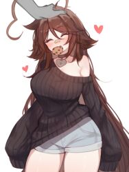  absurdres ahoge bandaid bandaid_on_face bandaid_on_nose breasts brown_hair closed_eyes cookie female food food_in_mouth hand_on_another&#039;s_head headpat heart highres huge_ahoge indie_virtual_youtuber long_hair out_of_frame shorts simple_background sky_above_me sky_above_me_(vtuber) thighs virtual_youtuber white_background 