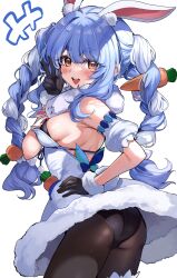  absurdres animal_ear_fluff animal_ears ass bare_shoulders black_gloves black_leotard black_pantyhose blue_hair blush braid breasts carrot_hair_ornament coat_dress detached_sleeves don-chan_(usada_pekora) dress female food-themed_hair_ornament from_behind fur-trimmed_dress fur-trimmed_gloves fur_scarf fur_trim gloves hair_between_eyes hair_ornament hand_on_own_hip highres hololive leotard leotard_under_clothes long_hair looking_at_viewer medium_breasts multicolored_hair open_mouth orange_eyes pantyhose puffy_sleeves rabbit-shaped_pupils rabbit_ears rabbit_girl rabbit_tail sak_(lemondisk) short_eyebrows sideboob simple_background smile solo streaked_hair symbol-shaped_pupils tail thick_eyebrows twin_braids twisted_torso usada_pekora usada_pekora_(1st_costume) virtual_youtuber w white_background white_dress white_hair 