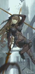  arm_up armor bat_(animal) blurry blurry_foreground bodysuit breasts building closed_mouth depth_of_field dual_wielding fate/grand_order fate_(series) feet_out_of_frame female floating forehead_jewel gae_bolg_(fate) hair_between_eyes hair_intakes highres holding leg_up leotard long_hair looking_at_viewer medium_breasts muted_color pauldrons polearm purple_bodysuit purple_hair purple_leotard red_eyes scathach_(fate) shoulder_armor solo spear tonko_from twitter_username veil weapon 