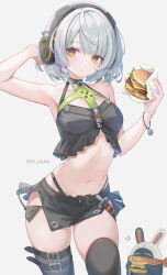  anby_demara artist_name black_shorts blush braid brown_eyes burger collarbone cowboy_shot eous_(zenless_zone_zero) f_f_jellyfish female fingernails food grey_background hair_between_eyes headphones highres holding holding_food looking_at_viewer navel open_mouth short_hair short_shorts shorts side_braid sidelocks simple_background solo white_hair zenless_zone_zero 