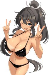  ;d bikini black_bikini black_hair blush breasts cleavage collarbone dark-skinned_female dark_skin double_v female green_eyes hands_up high_ponytail highres homura_(senran_kagura) large_breasts long_hair looking_at_viewer navel one_eye_closed open_mouth ponytail senran_kagura simple_background smile solo surippa1010 swimsuit tan tanlines teeth thighs upper_teeth_only v very_long_hair white_background 