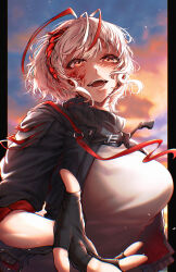  absurdres antenna_hair antennae arknights black_gloves black_jacket black_scarf blood blood_on_face blue_sky breasts cloud cloudy_sky demon_girl demon_horns evening female fingerless_gloves gloves gradient_sky grey_hair grey_shirt highres horizon horns indoor_gorilla jacket large_breasts looking_at_viewer open_clothes open_jacket open_mouth orange_sky outdoors reaching reaching_towards_viewer red_horns red_nails scarf scenery shirt short_hair sky smile solo sunset tail w_(arknights) 