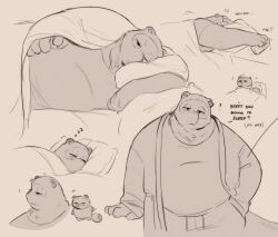  2024 animal_crossing anthro bedding blanket canid canine clothing english_text groggy hi_res krunnnnnch line_art male mammal nintendo overweight overweight_male pajamas pillow question_mark raccoon_dog robe simple_background sleeping solo sound_effects talking_to_viewer tanuki text tired tom_nook_(animal_crossing) vowelless vowelless_sound_effect zzz 