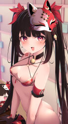  absurdres bell bikini black_gloves blurry blurry_background blush bottomless bow breasts butterfly-shaped_pupils female gloves hairbow highres honkai:_star_rail honkai_(series) jingle_bell looking_at_viewer mark_under_both_eyes mask mask_on_head open_mouth red_bikini red_eyes small_breasts smile solo sparkle sparkle_(doll)_(honkai:_star_rail) sparkle_(honkai:_star_rail) swimsuit symbol-shaped_pupils tetori_(tetolisto) twintails 