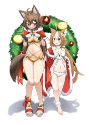  2girls absurdres animal_ears asymmetrical_legwear barefoot bikini breasts brown_hair christmas christmas_wreath cleavage daebom full_body girls&#039;_frontline girls&#039;_frontline_neural_cloud gold_bikini hair_ornament hannah_(neural_cloud) highres light_brown_hair long_hair multicolored_hair multiple_girls navel official_alternate_costume panties ribbon sandals standing swimsuit tail turing_(neural_cloud) underwear white_hair white_panties wreath 